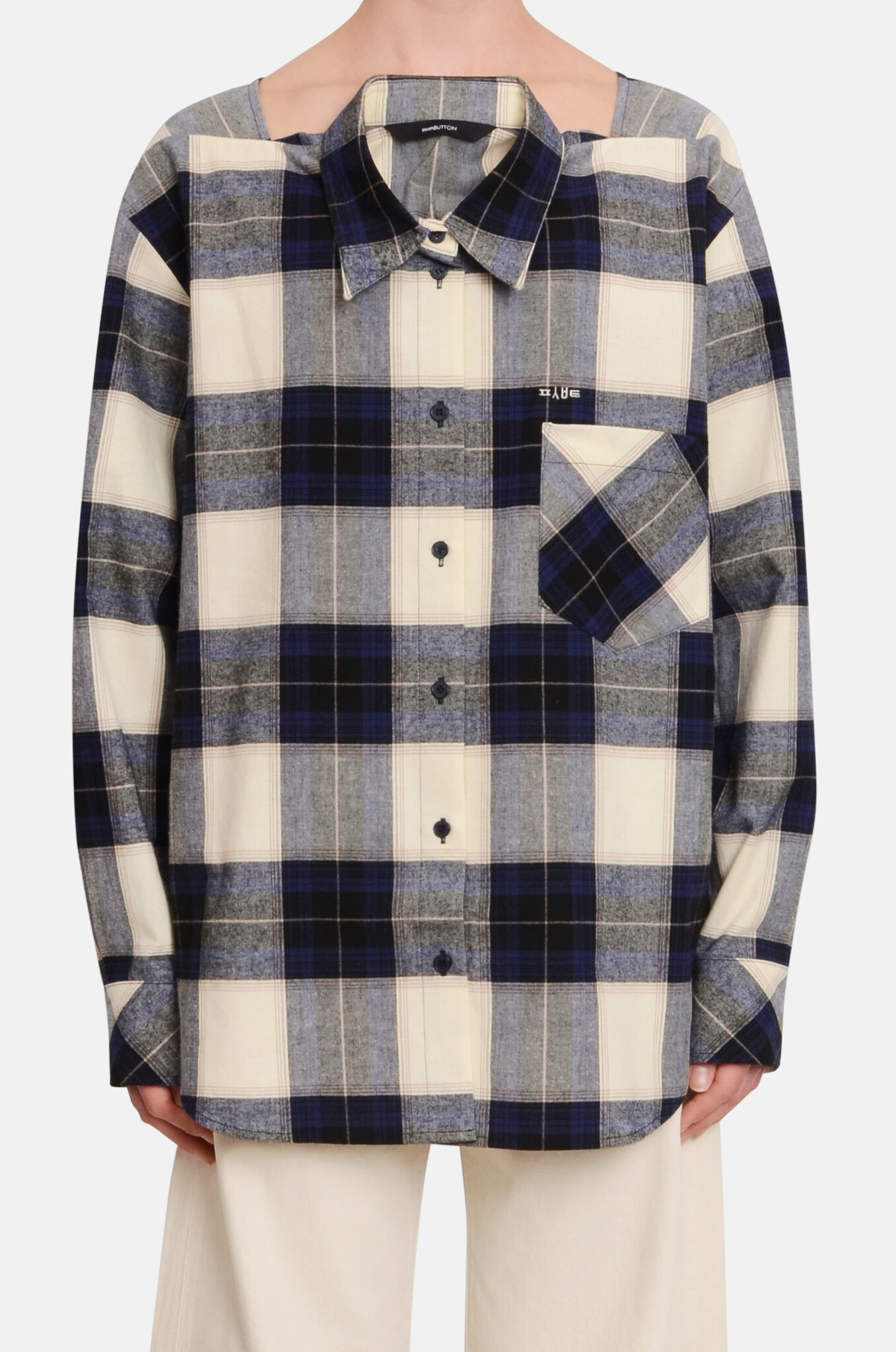 Navy Check Movable Collar Shirt-1