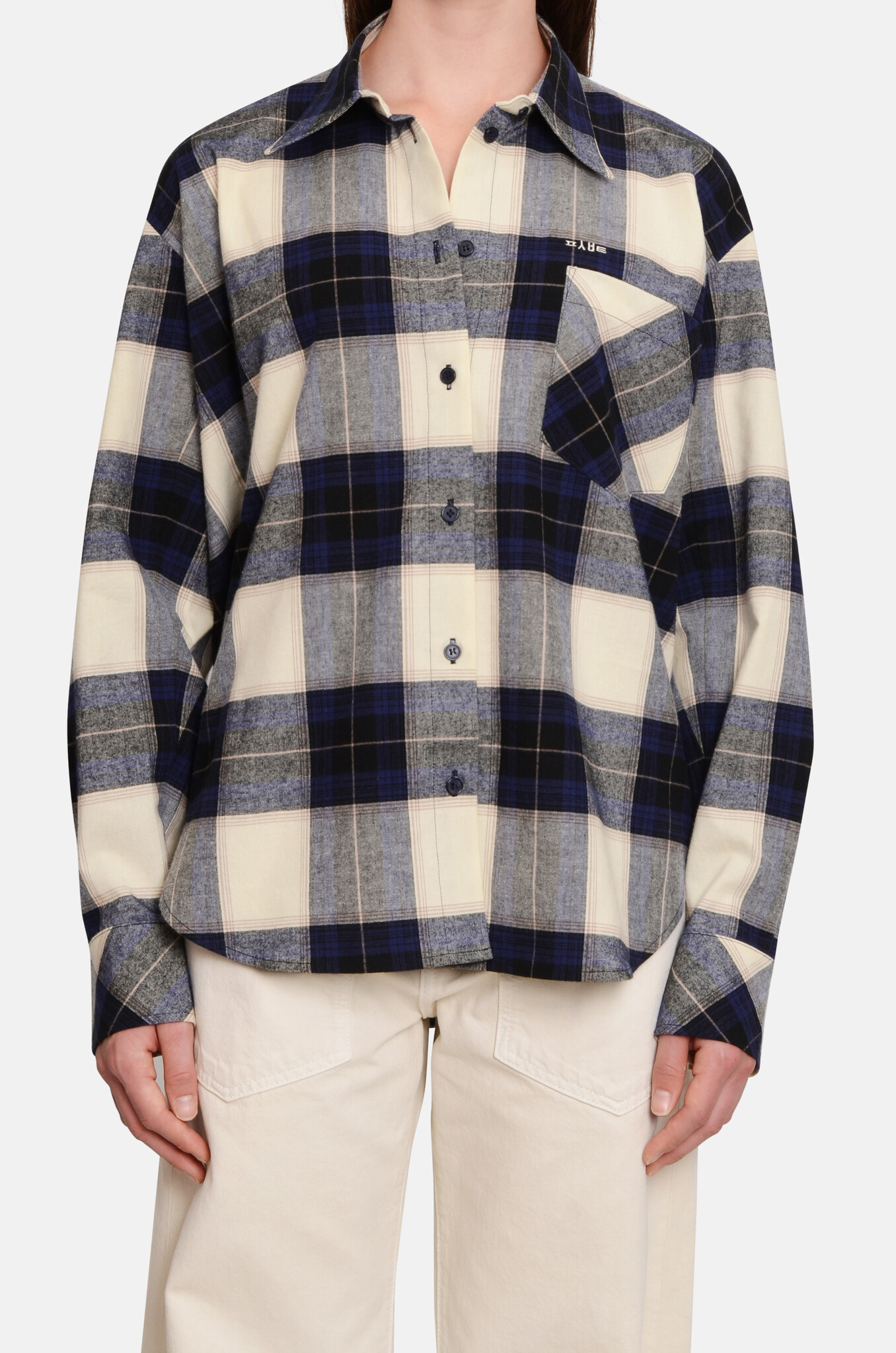 Navy Check Movable Collar Shirt-5