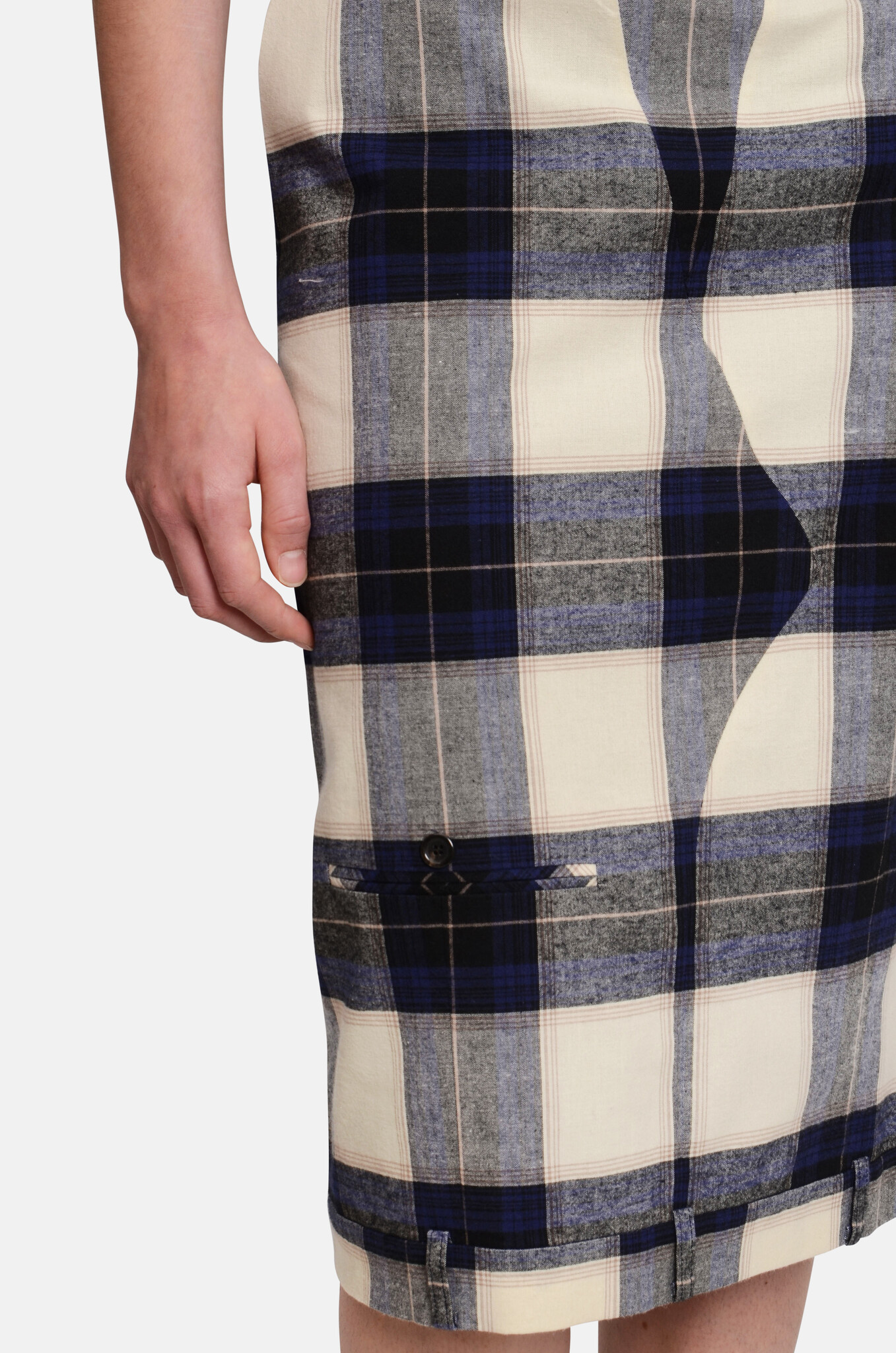 Navy Check Trousers Upside Down Midi Skirt-5