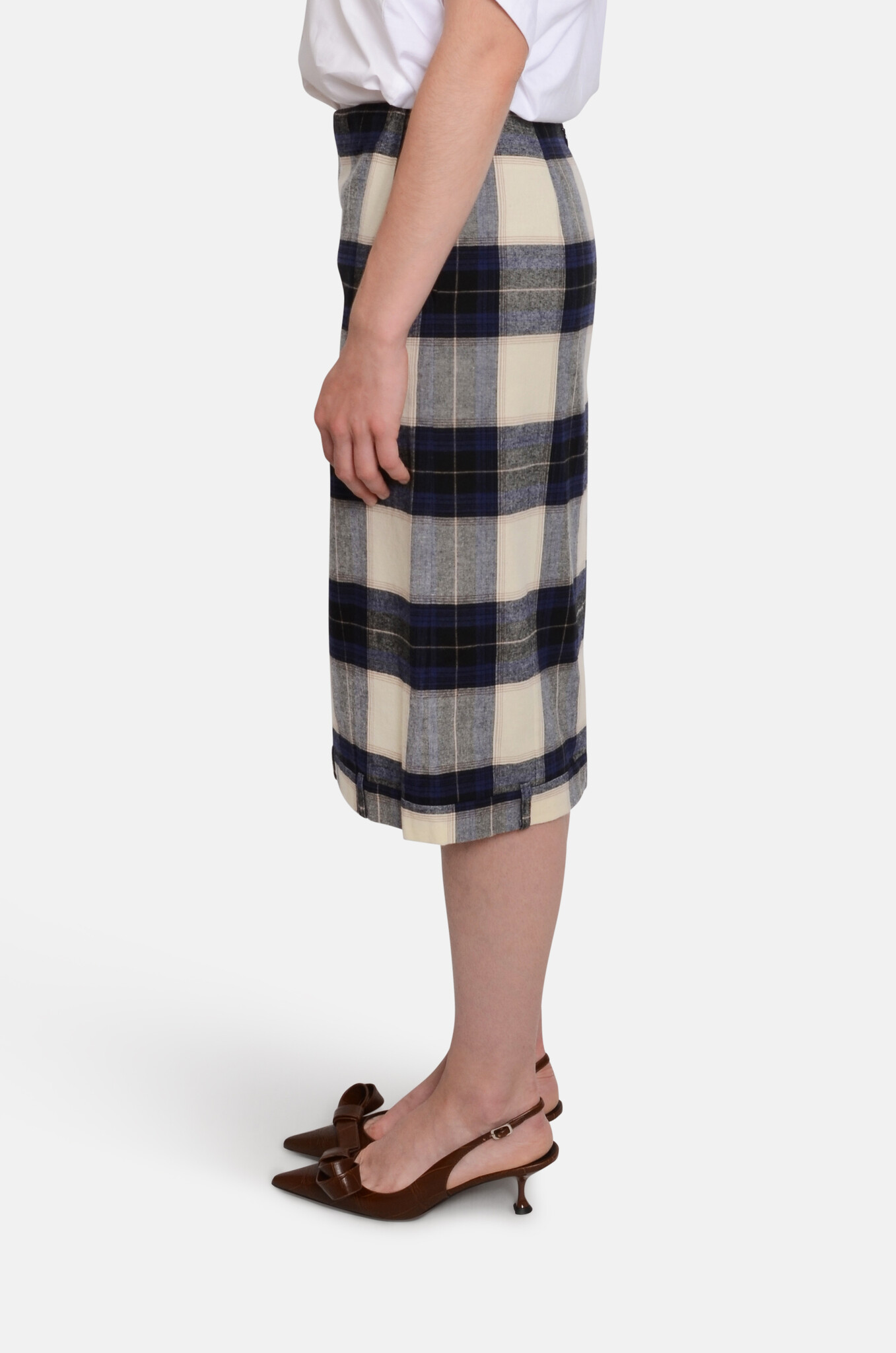 Navy Check Trousers Upside Down Midi Skirt-3