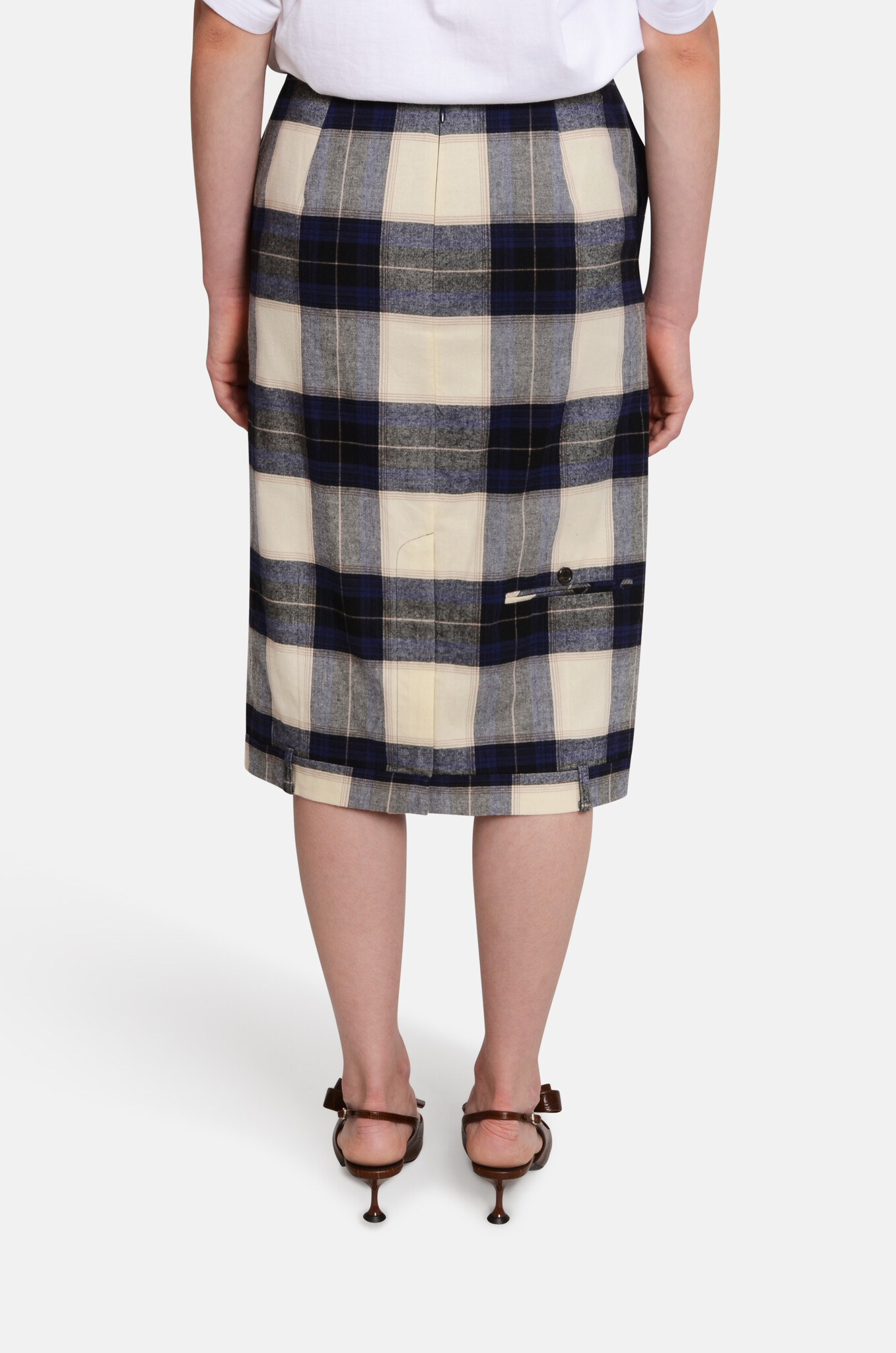 Navy Check Trousers Upside Down Midi Skirt-4