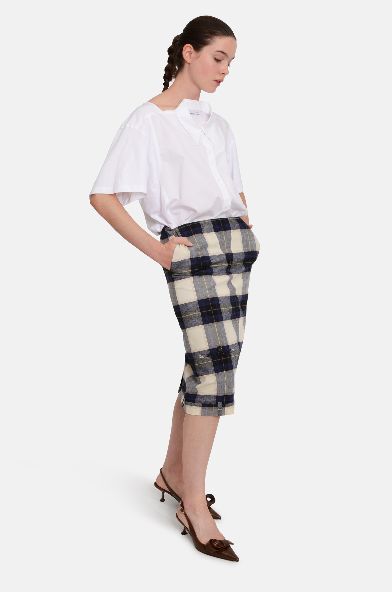 Navy Check Trousers Upside Down Midi Skirt-2