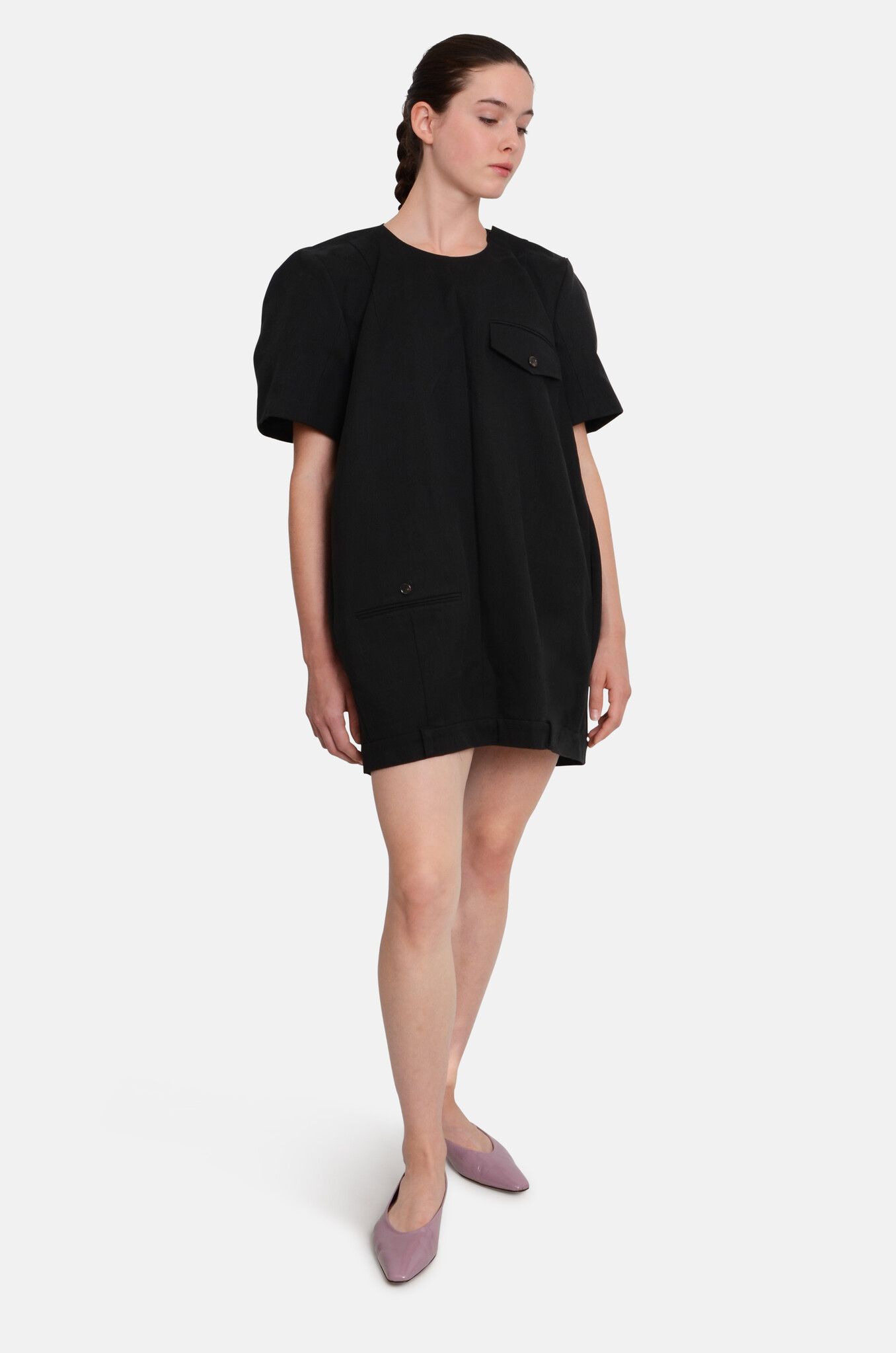Black Trouser Detail Puff Mini Dress-2