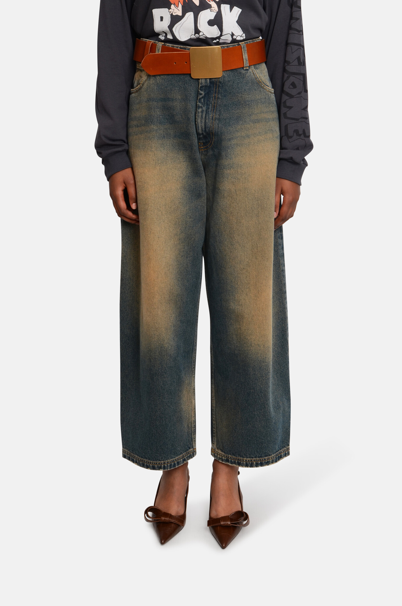 Wide Denim Trousers in Blue Brown-5