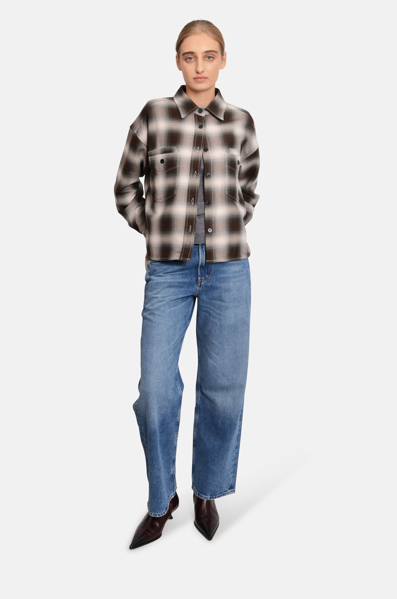Cropped Front Oversized Shirt Check-2