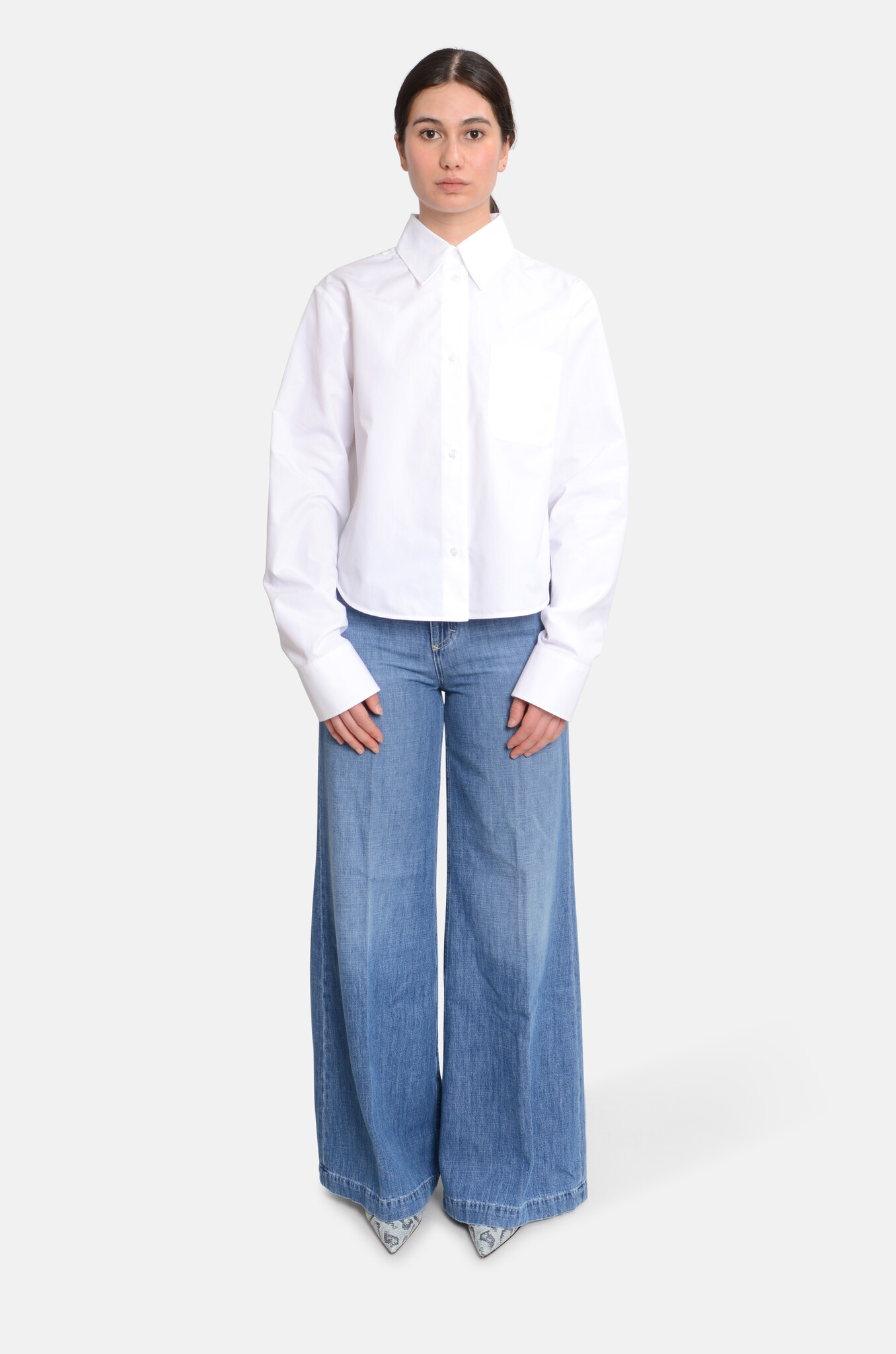 Cotton Cropped Shirt with Pleated Back Optical White-6
