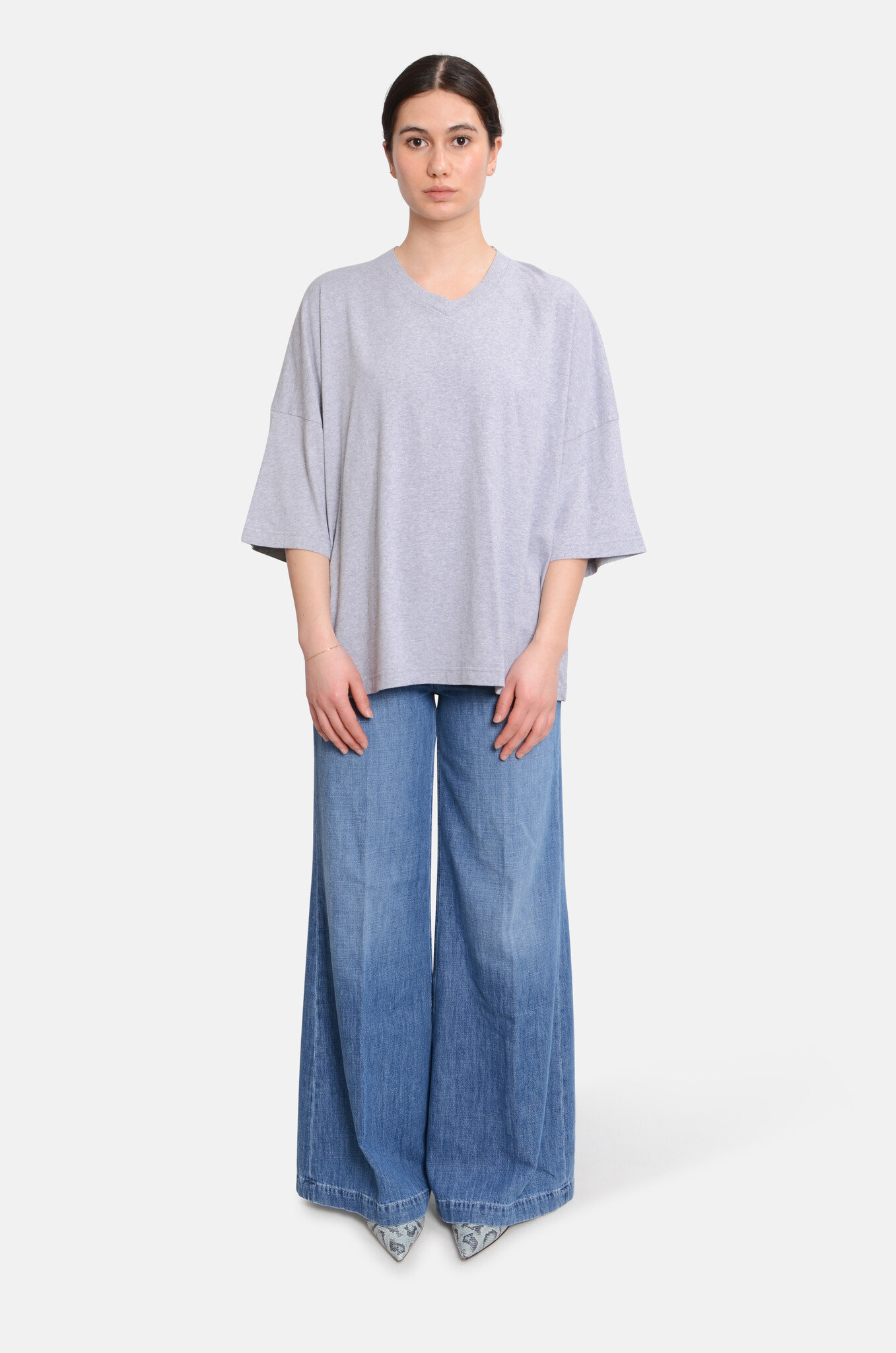 Harlow V-Neck T-Shirt Grey Melange-2