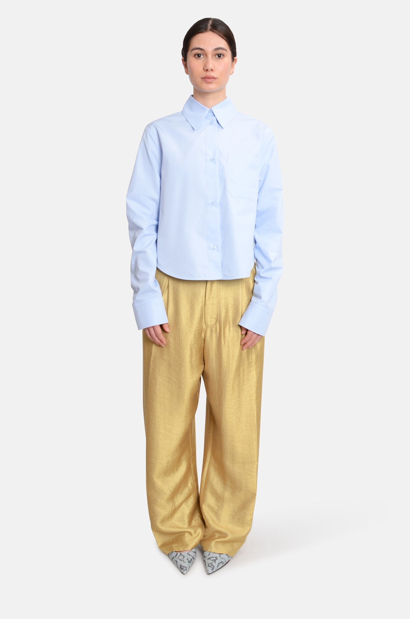 Cotton Cropped Shirt with Pleated Back Azure-5