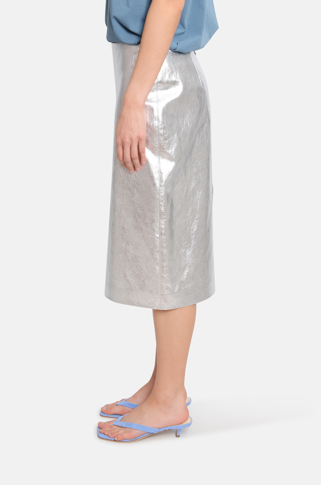 Faux Leather Midi Skirt in Metallic Silver-3