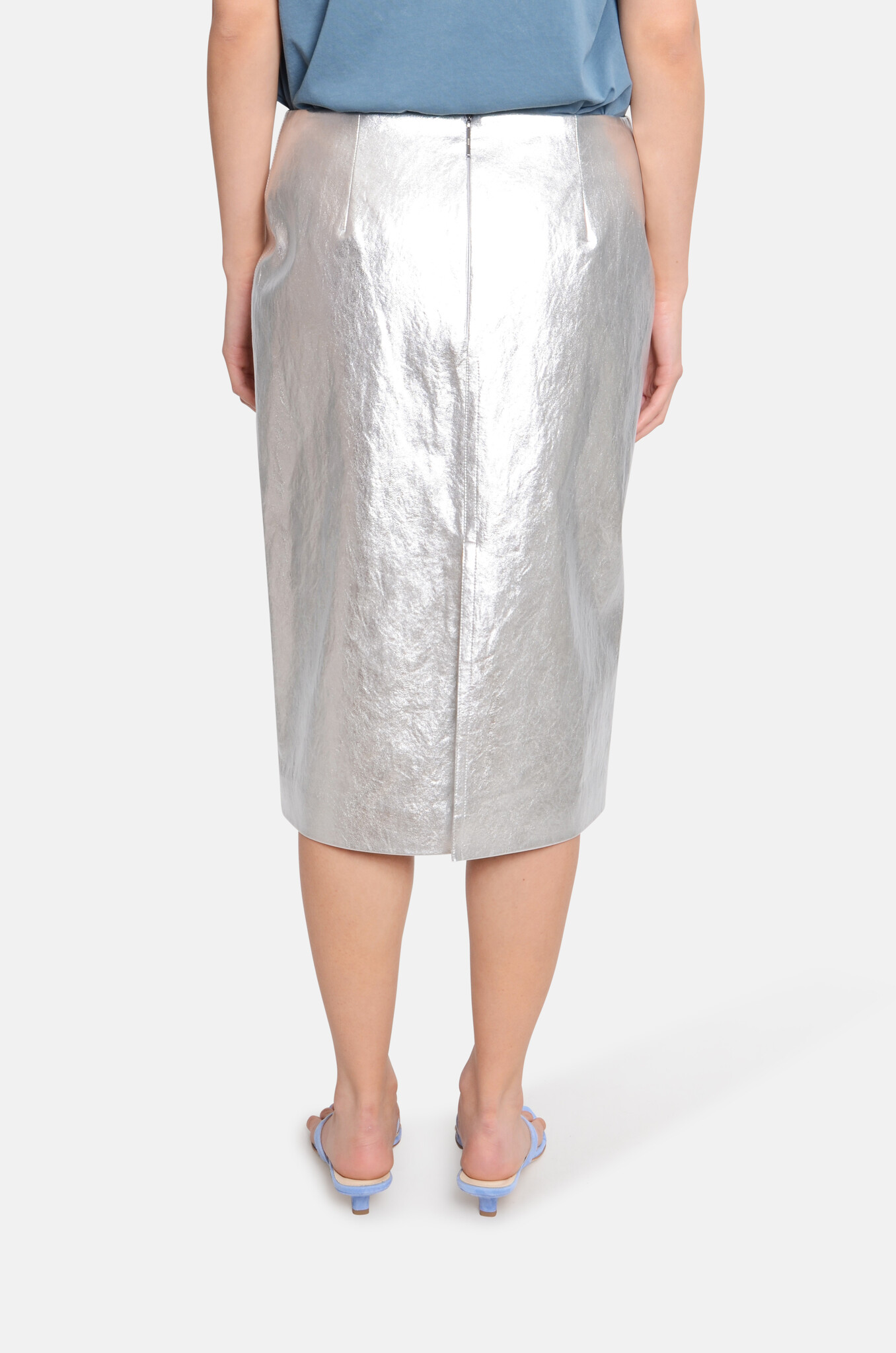 Faux Leather Midi Skirt in Metallic Silver-4