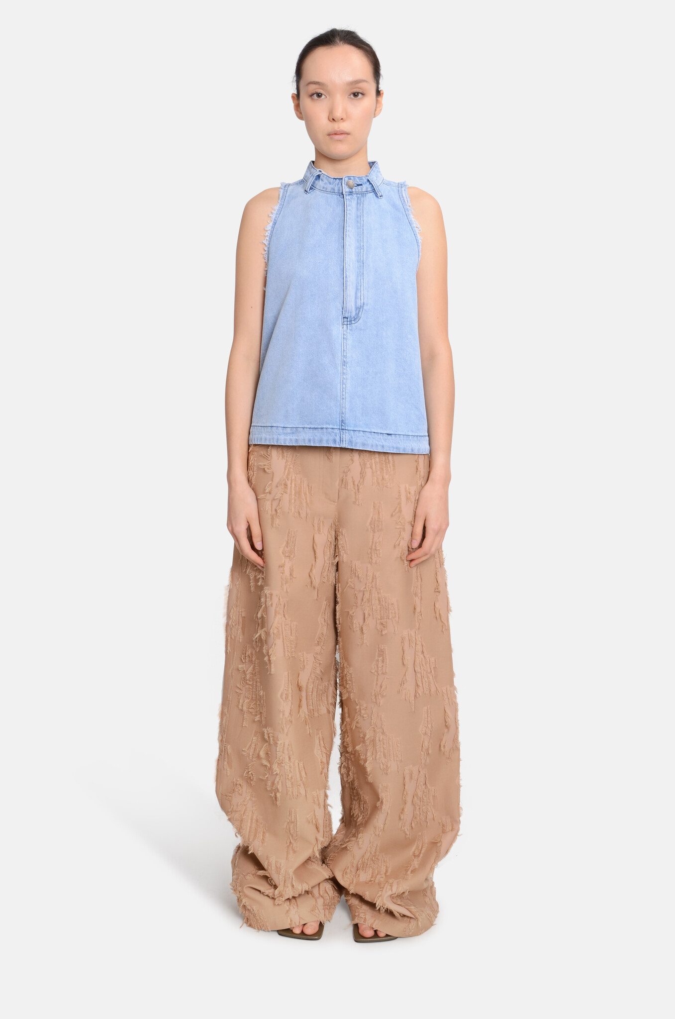 Wide-leg Frayed Fil Coupé Trousers Beige-6