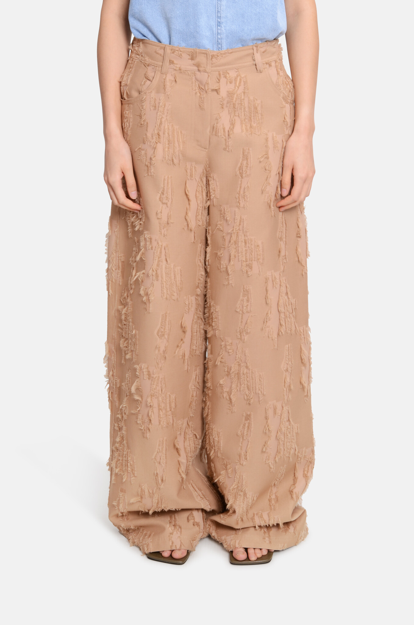 Wide-leg Frayed Fil Coupé Trousers Beige-1