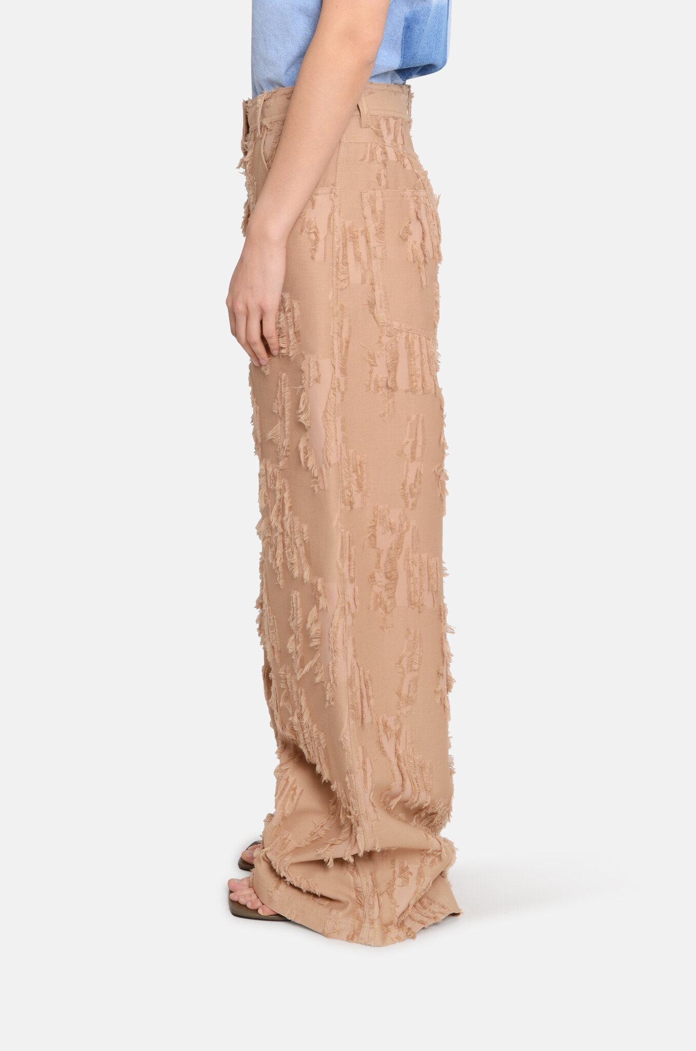 Wide-leg Frayed Fil Coupé Trousers Beige-3