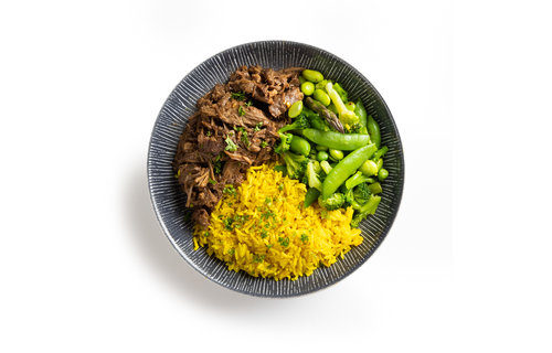 Spiermassa: Teriyaki beef - Gele rijst - Wok verde