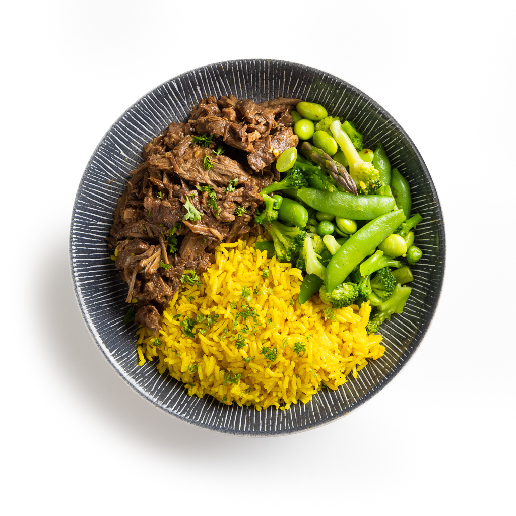Spiermassa: Teriyaki beef - Gele rijst - Wok verde