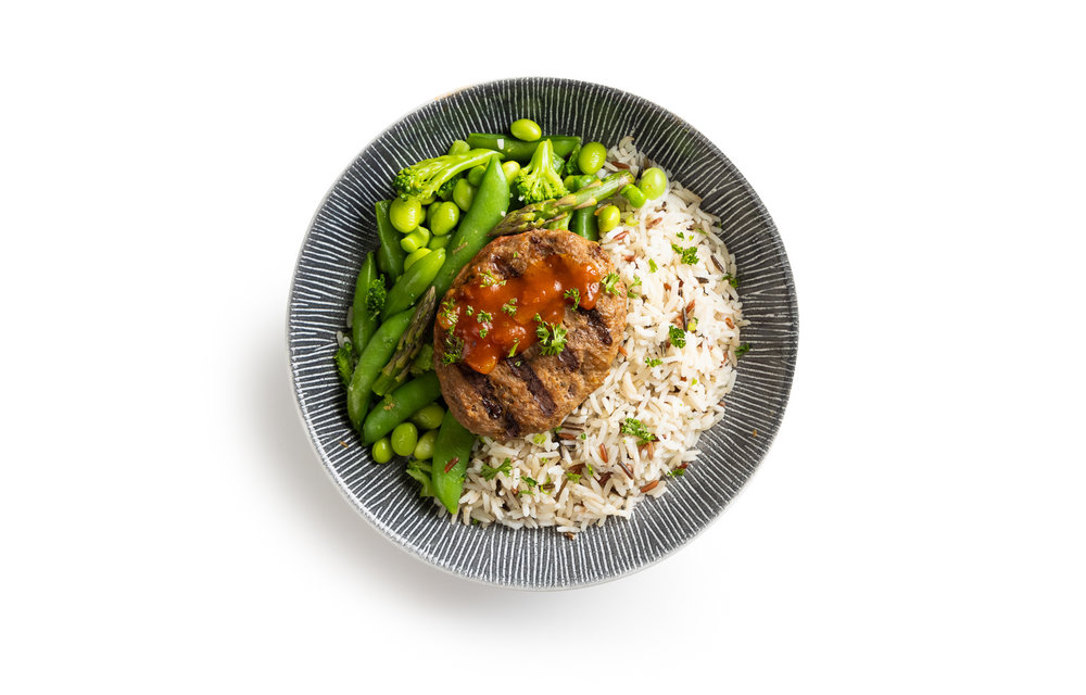 Spiermassa: Rundburger - Basmati - Wok verde