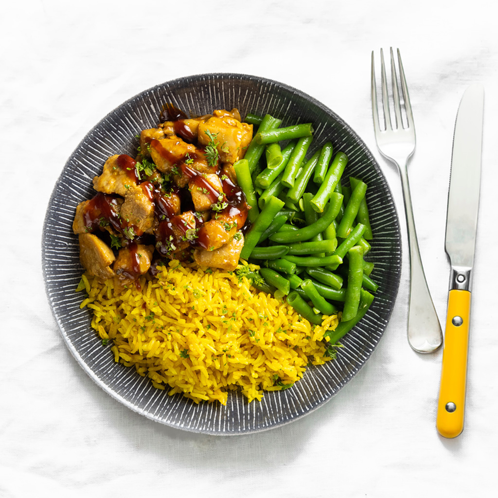 Droogtrainen: Teriyaki kipdijfilet - Gele rijst - Bonen