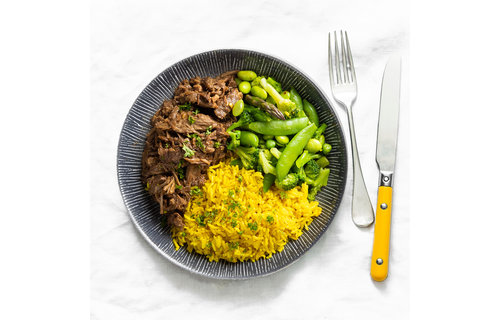 Droogtrainen: Teriyaki beef - Gele rijst - Wok verde