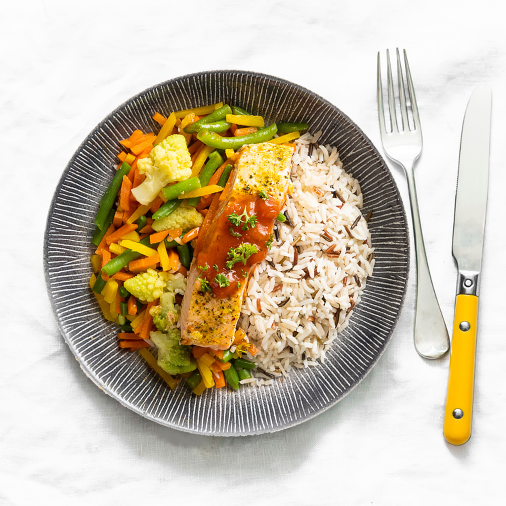 Droogtrainen: Zalmfilet - Basmati - Groentemix