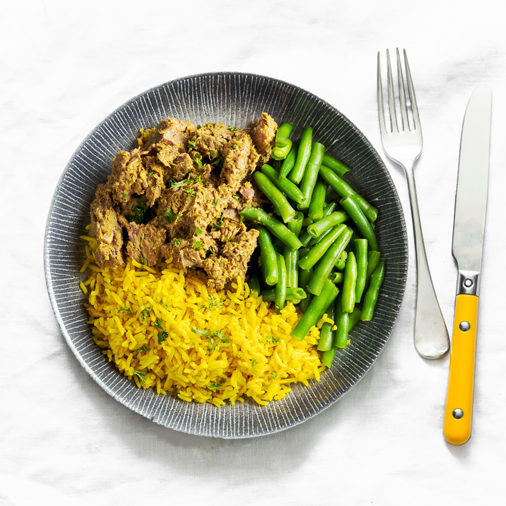 Droogtrainen: Rendang beef - Gele rijst - Bonen