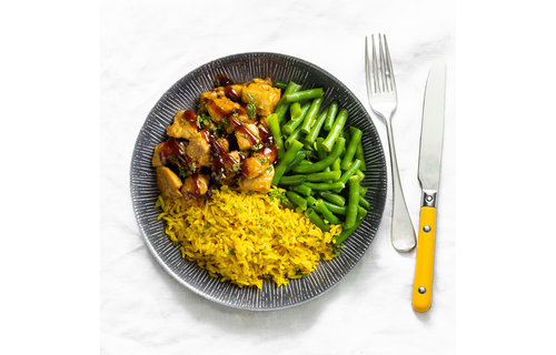 Spiermassa: Teriyaki kipdij - Gele rijst - Bonen