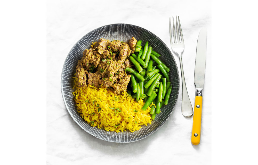 Spiermassa - Rendang Beef - Gele Rijst - Boontjes