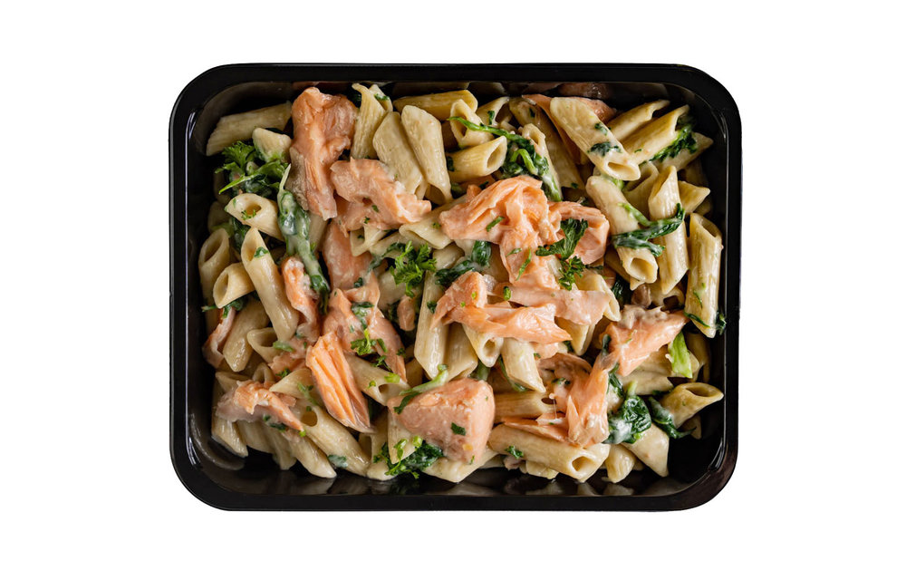 Spiermassa - Penne Carbonara met Zalm