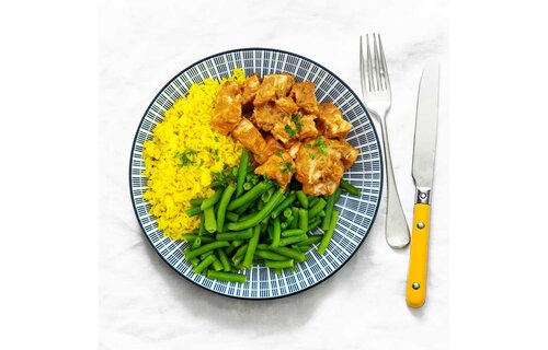 Spiermassa: Kip saté - Gele rijst - Bonen