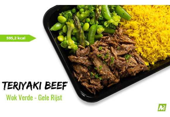 Conditie: Teriyaki beef - Gele rijst - Groene groentemix