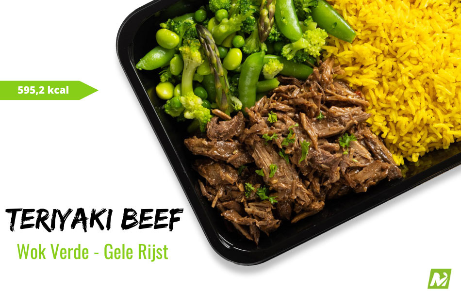 Conditie: Teriyaki beef - Gele rijst - Groene groentemix