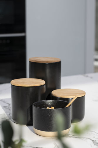 Aperopotje zwart d10xh12cm keramiek +deksel bamboe