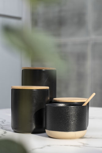 Aperopotje zwart d10xh12cm keramiek +deksel bamboe
