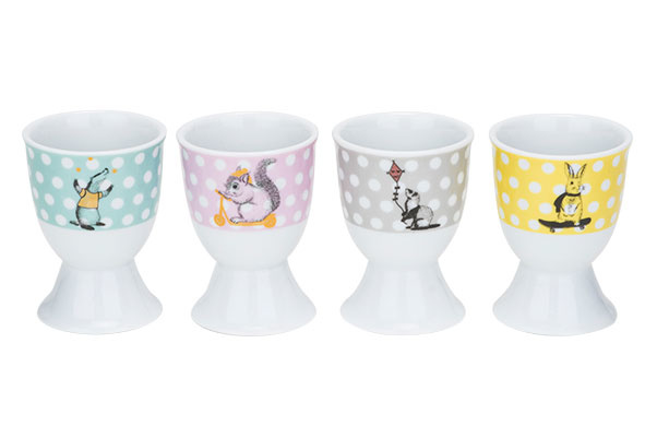 Animal eierdopje d4,8xh6,7cm set 4grey-green-pink-yellow