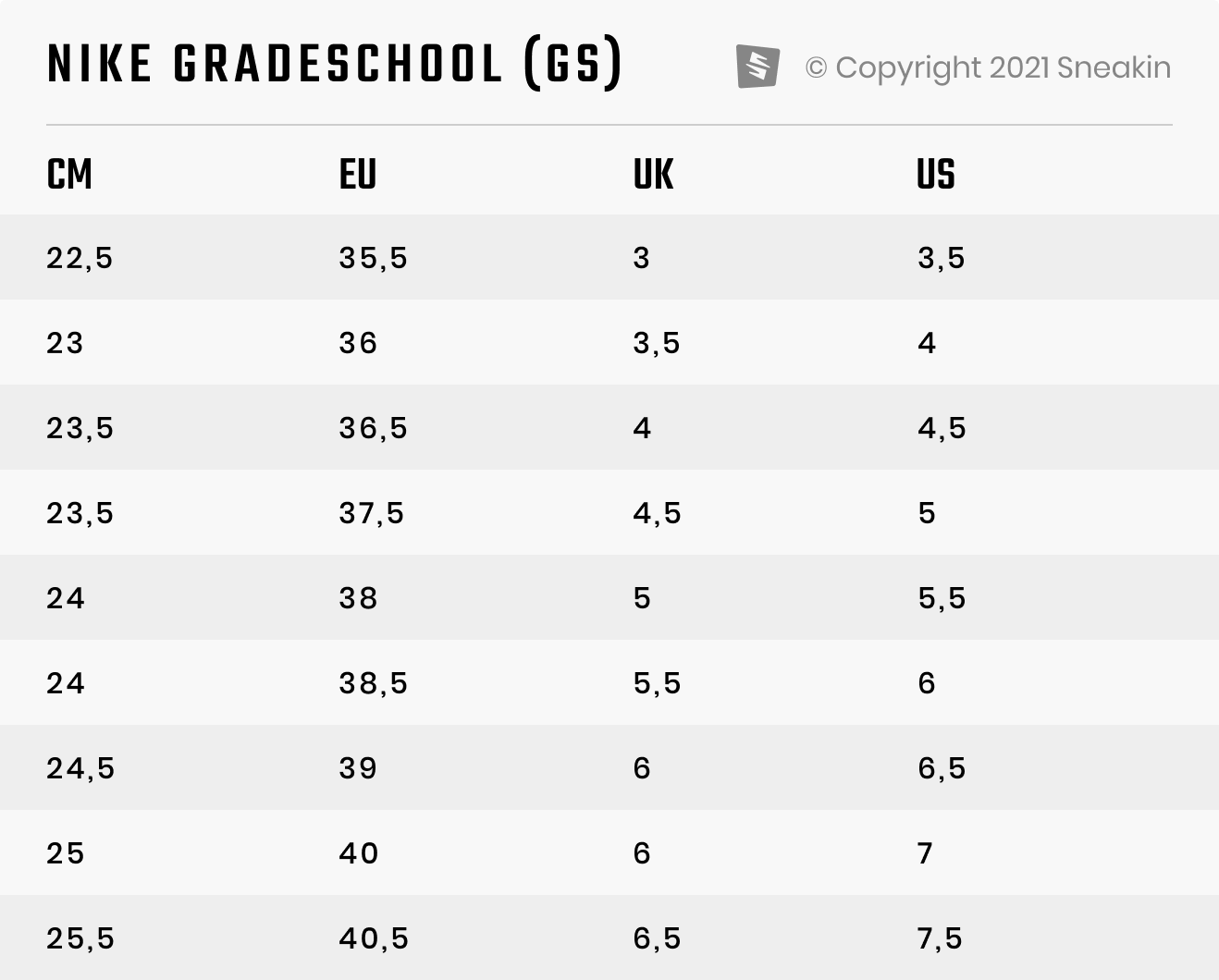 gs nike size chart