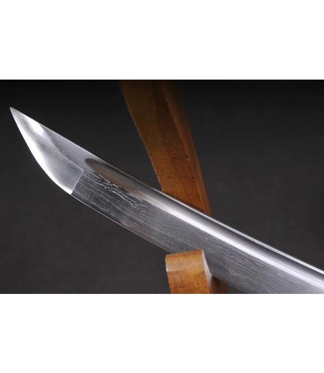 Shirasaya gebogen samurai tanto mes damast staal donker bruin