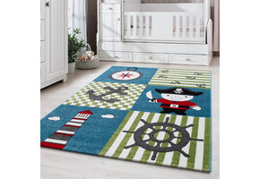 Tapijtenloods Kids Piraat Vloerkleed Kinderkamer Blauw / Groen Laagpolig