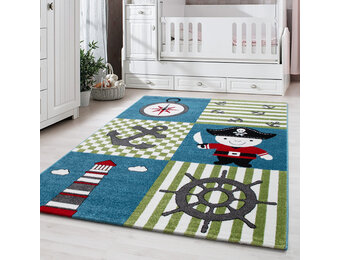Tapijtenloods Kids Piraat Vloerkleed Kinderkamer Blauw / Groen Laagpolig