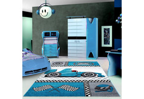Kids Formule 1 Vloerkleed Kinderkamer Blauw / Grijs Laagpolig