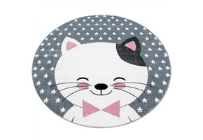 Kids Poesje Rond Vloerkleed Kinderkamer Wit / Grijs / Roze Laagpolig