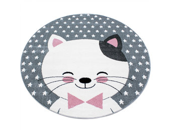 Tapijtenloods Kids Poesje Rond Vloerkleed Kinderkamer Wit / Grijs / Roze Laagpolig