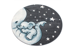 Kids Olifant Rond Vloerkleed Kinderkamer Blauw / Grijs Laagpolig