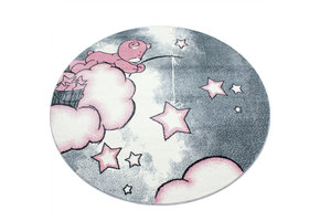 Kids Poesje Rond Vloerkleed Kinderkamer Grijs / Roze Laagpolig