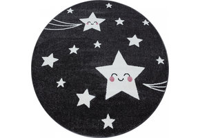 Kids Sterren Rond Vloerkleed Kinderkamer Grijs Laagpolig