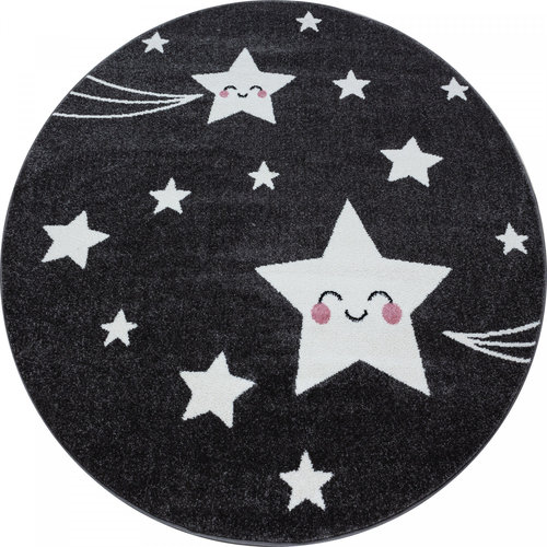 KIDS Kids Sterren Rond Vloerkleed Kinderkamer Grijs Laagpolig KIDS Kids Sterren Rond Vloerkleed Kinderkamer Grijs Laagpolig