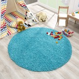 Rond Loca Shaggy Vloerkleed – Modern Uni Effen – Turquoise Blauw Hoogpolig & Zacht