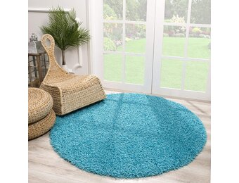 Rond Loca Shaggy Vloerkleed – Modern Uni Effen – Turquoise Blauw Hoogpolig & Zacht
