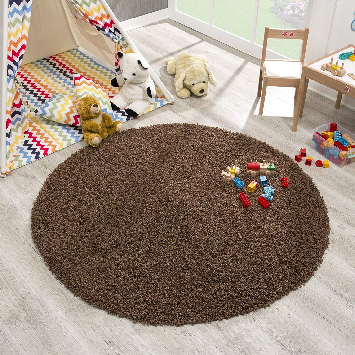 Rond Loca Shaggy Vloerkleed – Modern Uni Effen – Bruin Hoogpolig & Zacht