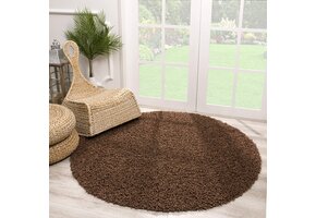 Rond Loca Shaggy Vloerkleed – Modern Uni Effen – Bruin Hoogpolig & Zacht