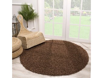 Rond Loca Shaggy Vloerkleed – Modern Uni Effen – Bruin Hoogpolig & Zacht