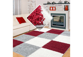 Basic Shaggy Geblokt vloerkleed Rood / Grijs Hoogpolig